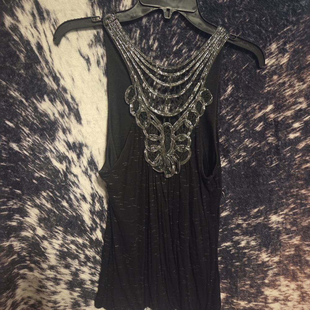 Studio Y Black Tank Top with Silver Beading